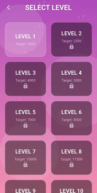 Level select screen listing levels one to ten, each with its own point target and a padlock on the ones not yet reached
