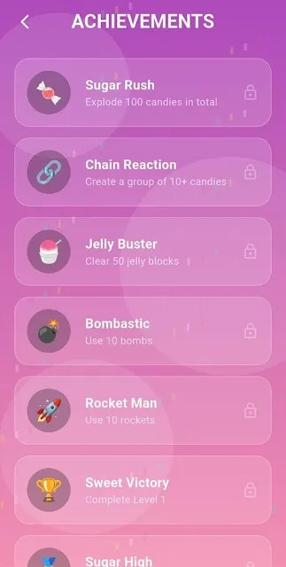 Achievement list naming a chain reaction as a group of ten or more candies, alongside entries for jelly blocks, bombs and rockets